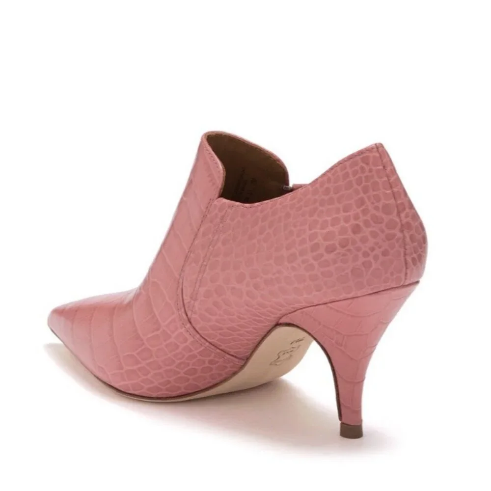 Tory Burch Pink Croc-Embossed Pointed Toe Ankle Booties